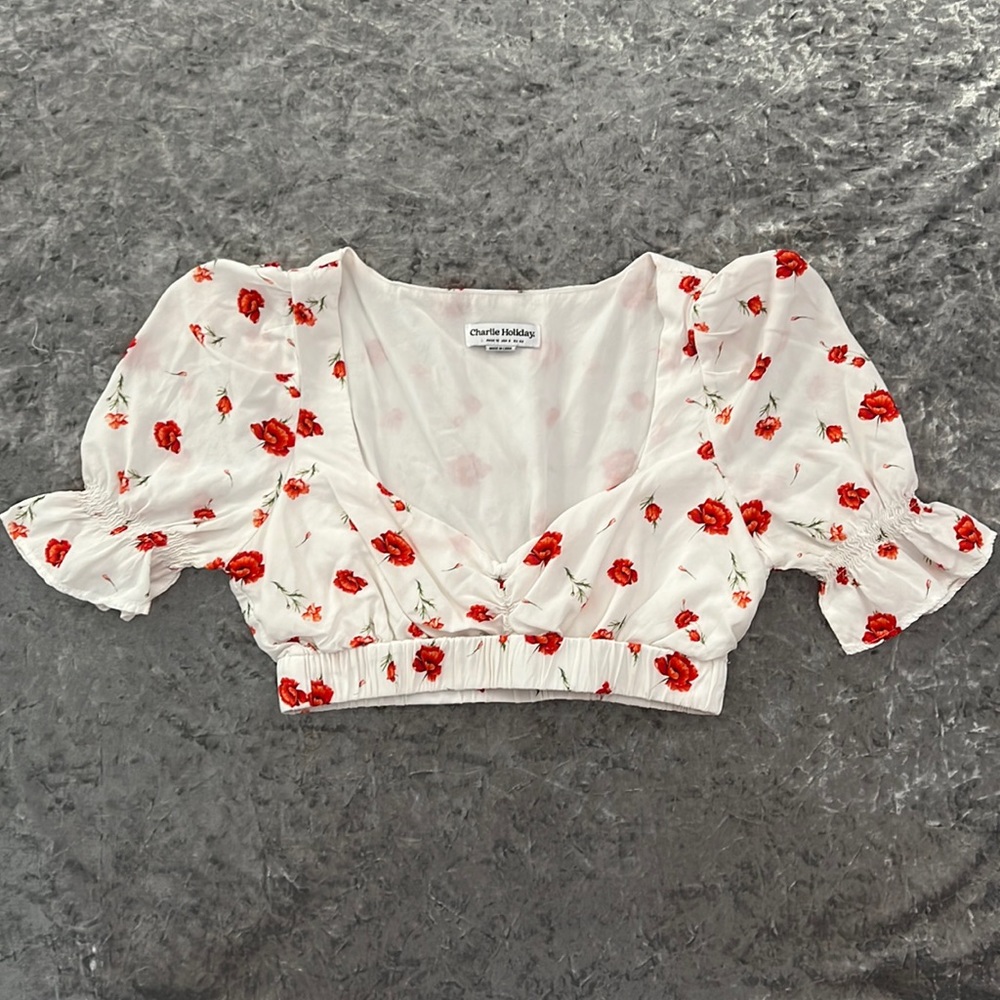 Charlie Holiday White Floral Puff Sleeve Crop Top Size L